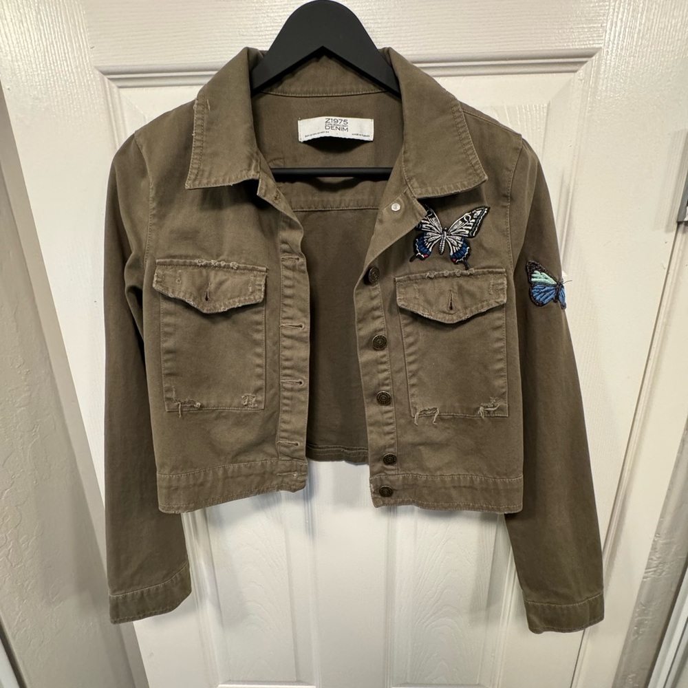Zara Cropped Olive Green Jacket Butterfly Embroidery